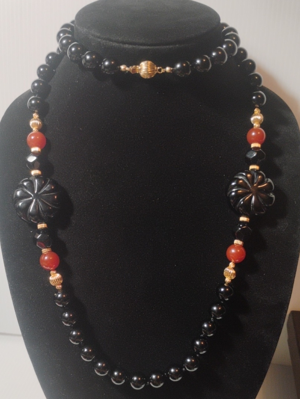 Black Onyx Gold & Carnelian Beaded Vintage Necklace 38" Total length - Picture 2 of 6